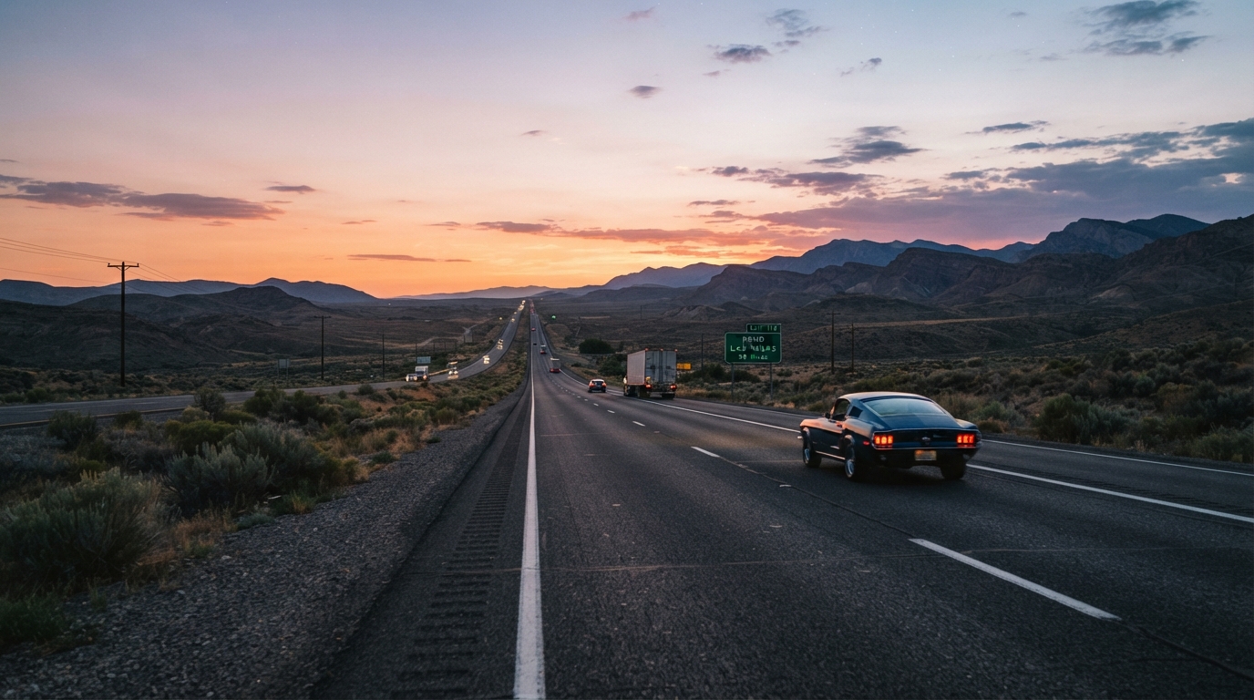 An American highway at dusk, the road stretching into the distance