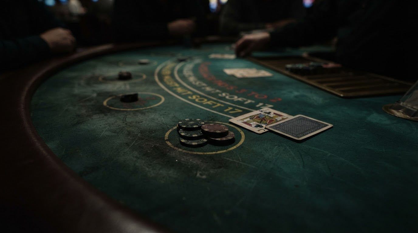 Green blackjack felt at a raking angle, layout markings barely legible
