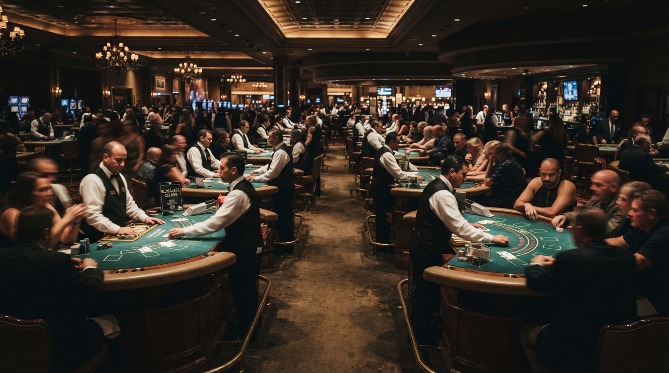 A live casino table-games pit at night, dealers and green felt under warm low light