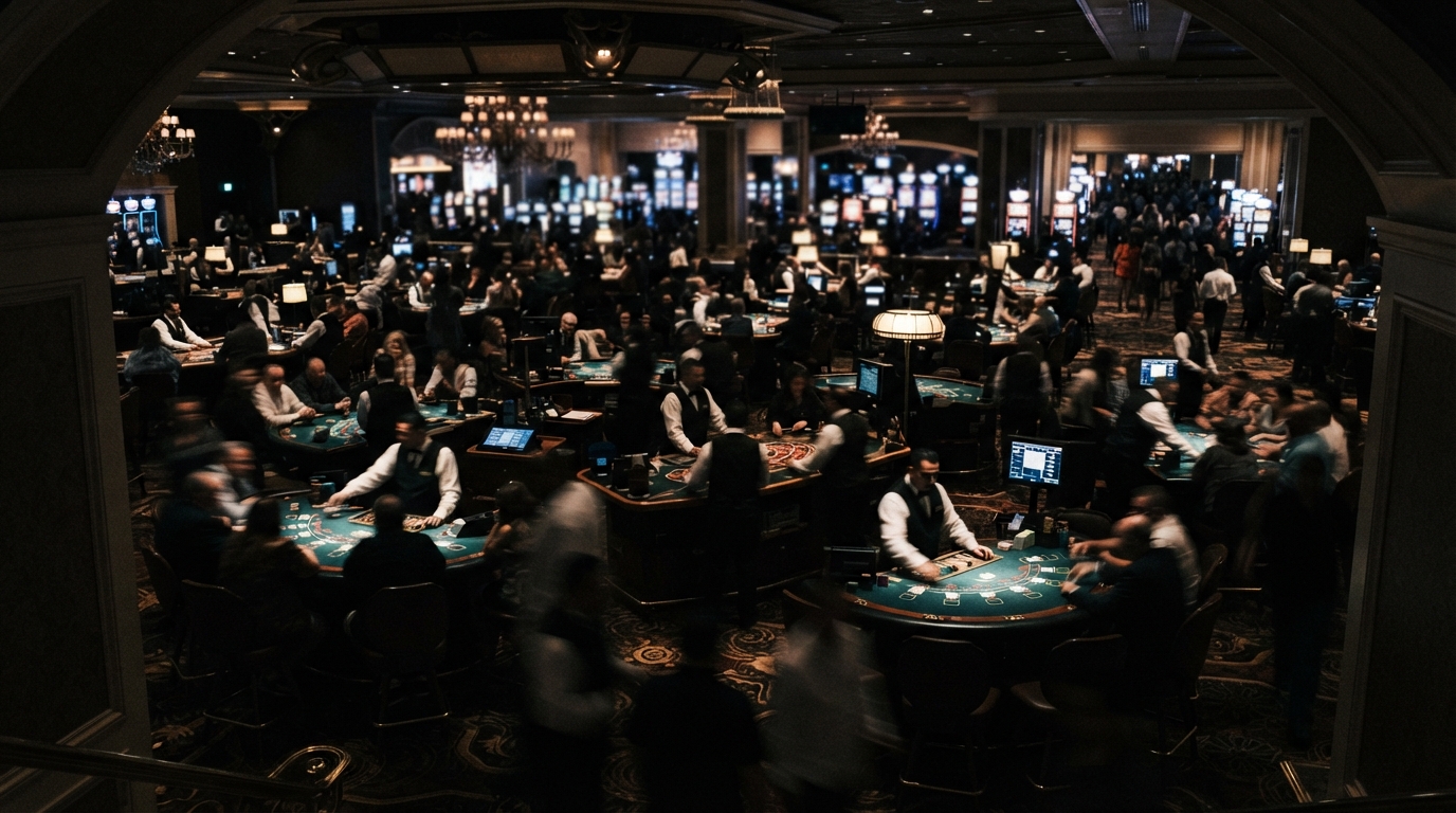 A busy casino pit seen from a distance, motion blur, near-silhouette