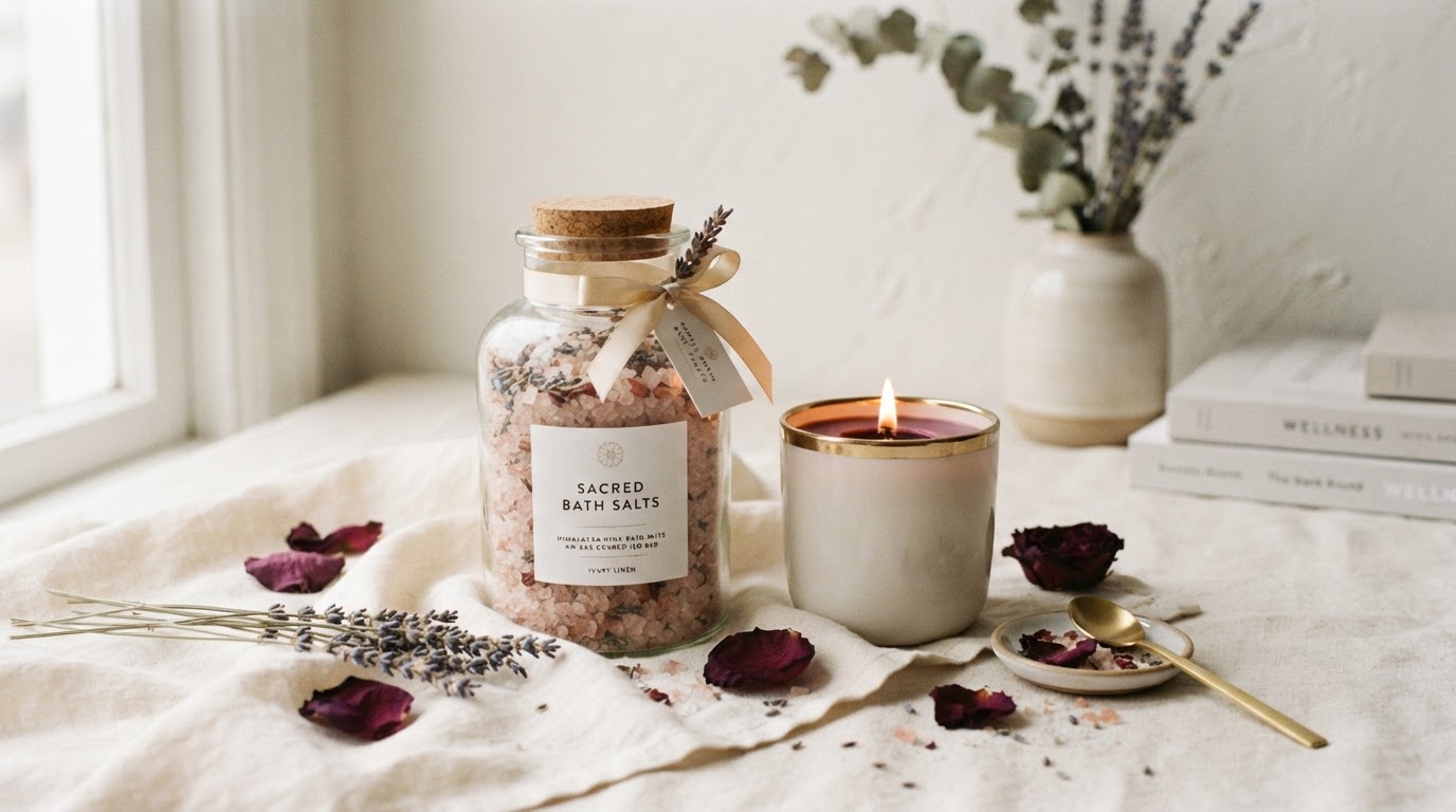 A serene still life of a candle, lavender, and a glass apothecary jar of bath salts on warm ivory linen