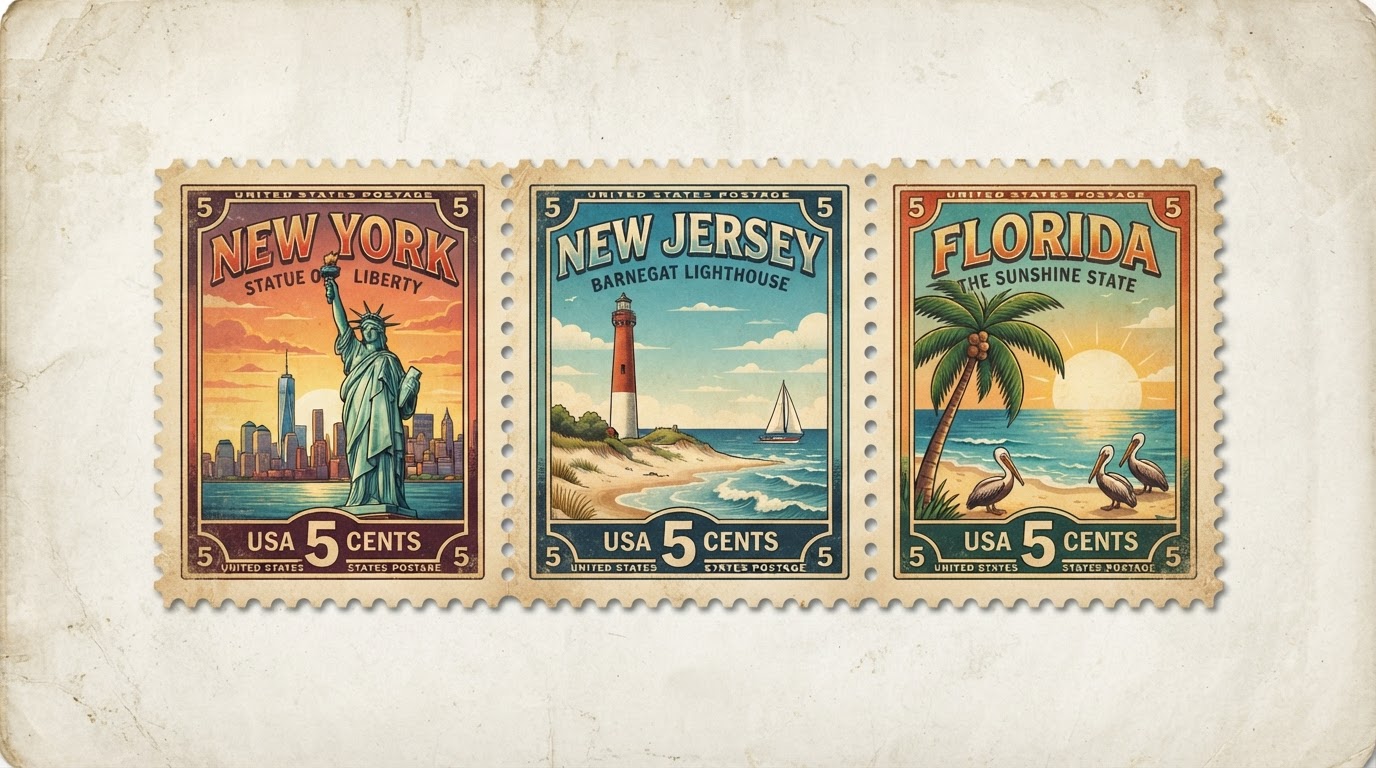 NY, NJ, FL stamps