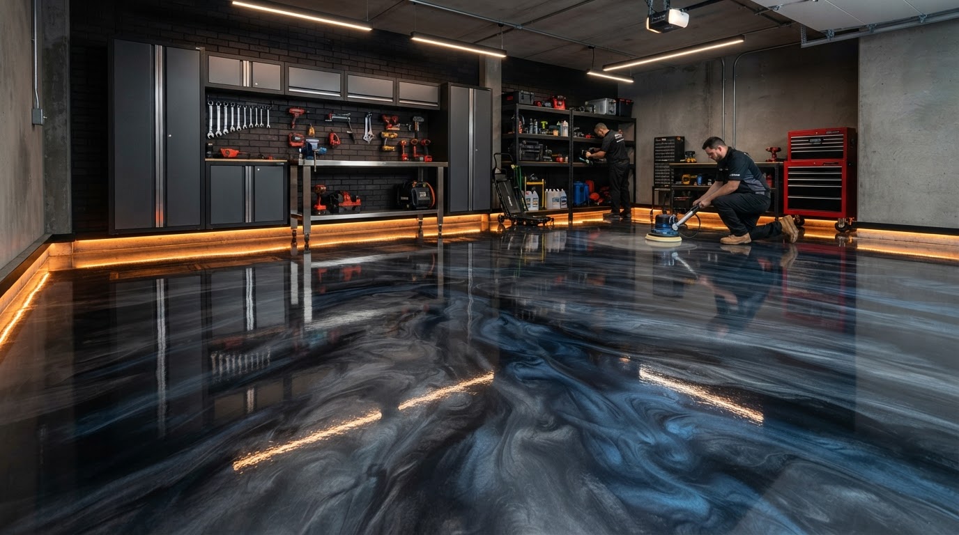 Glossy metallic epoxy garage floor with premium reflective finish