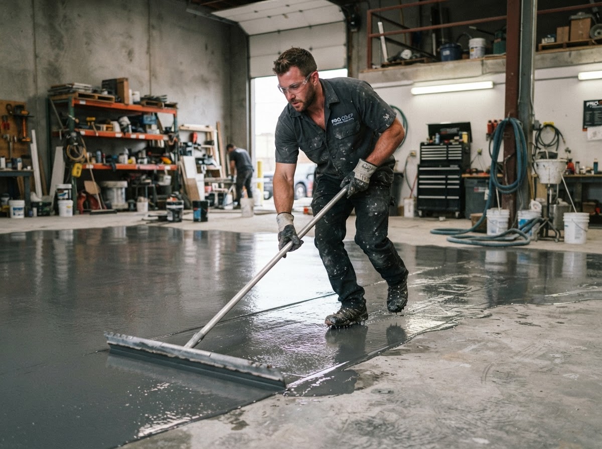 Professional epoxy flooring installer at work