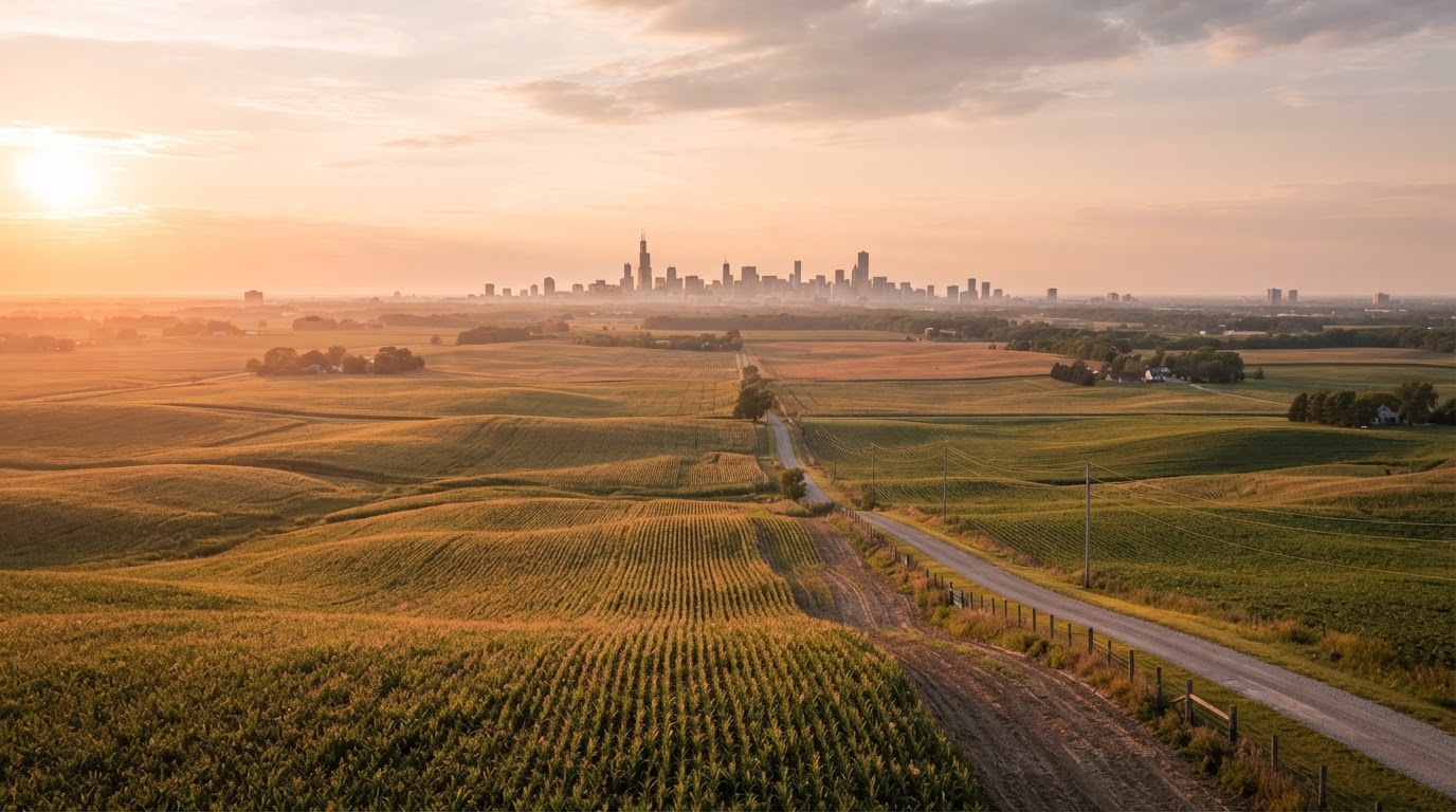 Illinois farmland at golden hour with a distant city skyline on the horizon