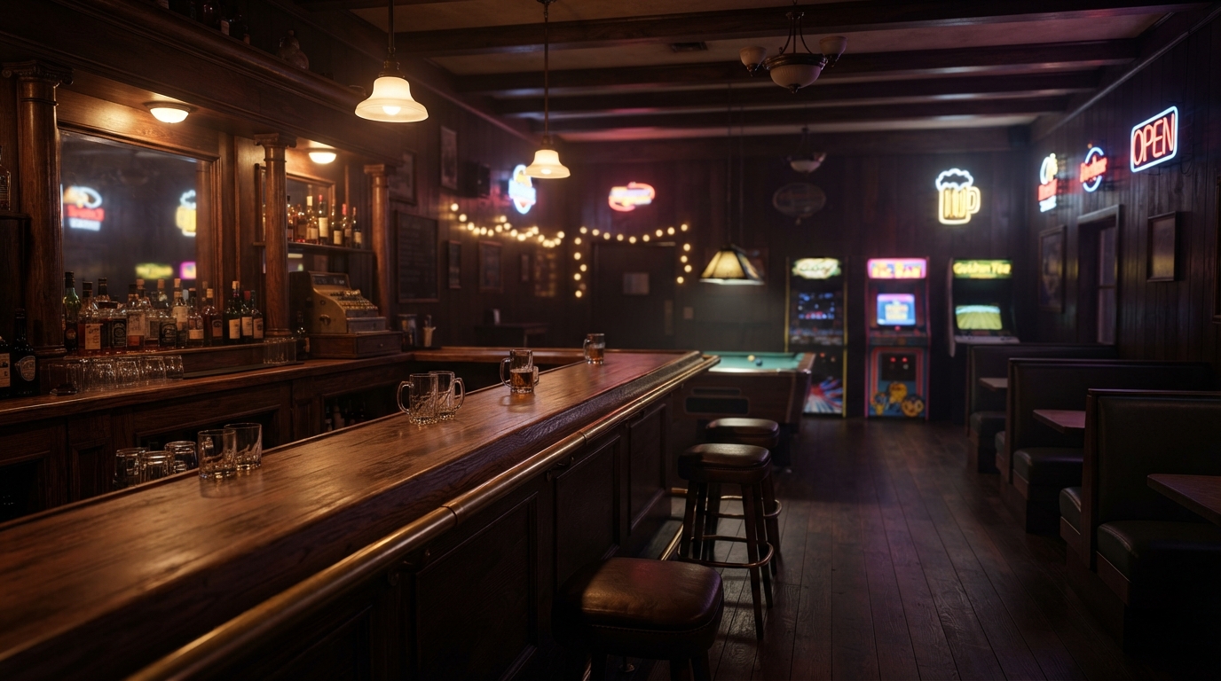 Warm interior of a small-town Illinois bar at night