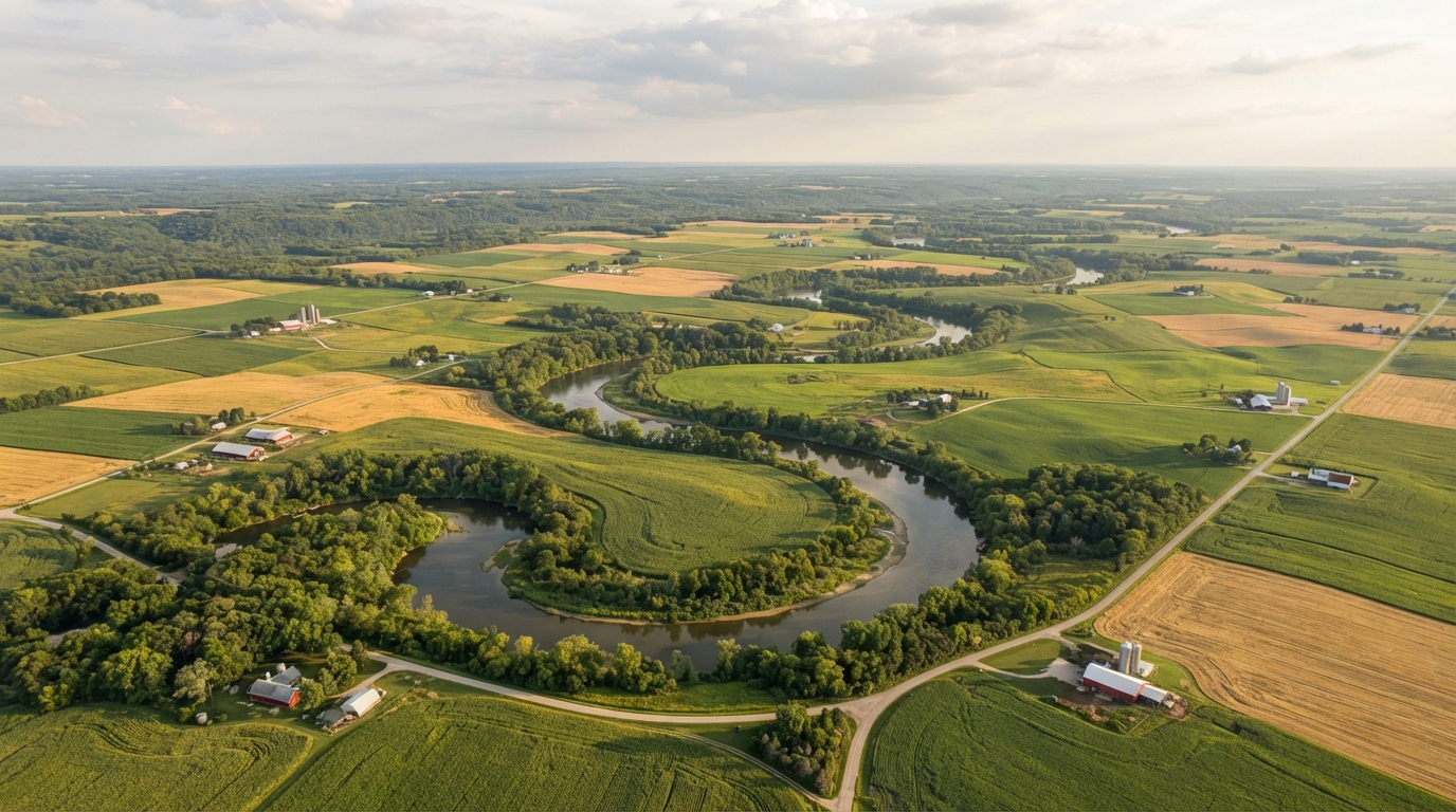 Aerial view of the Illinois River winding through farm country