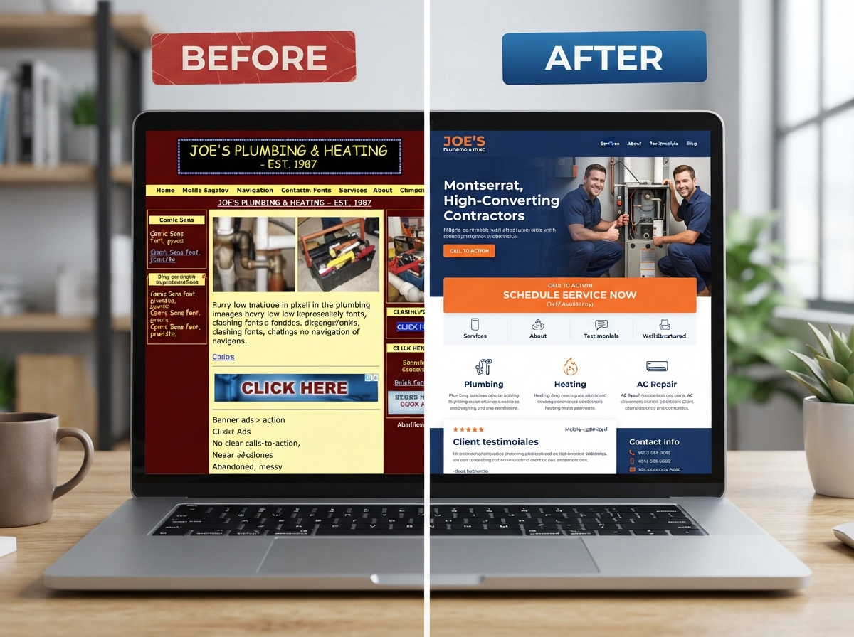 Side-by-side comparison of an outdated contractor website versus a modern high-converting ProLeadGrow website