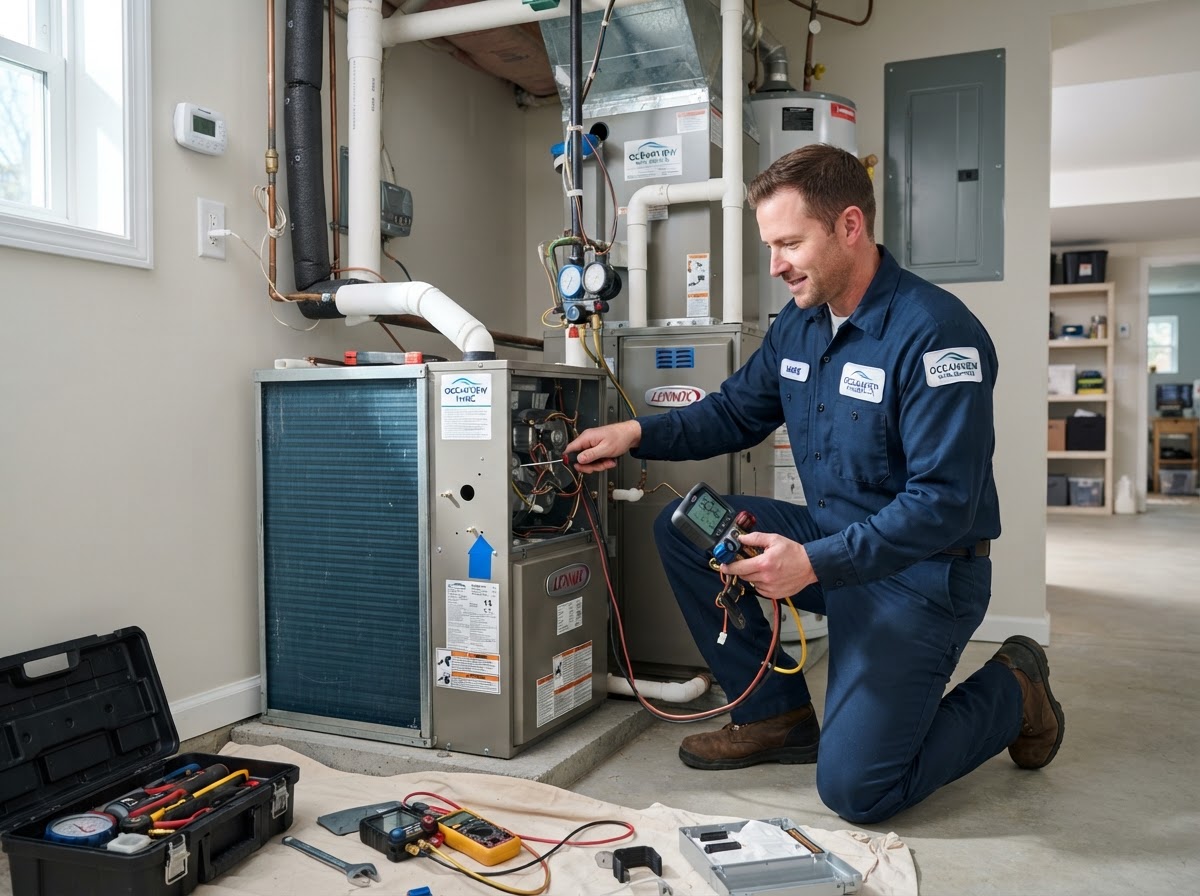 Ribal HVAC technician servicing a residential heating and cooling system in Clifton, NJ