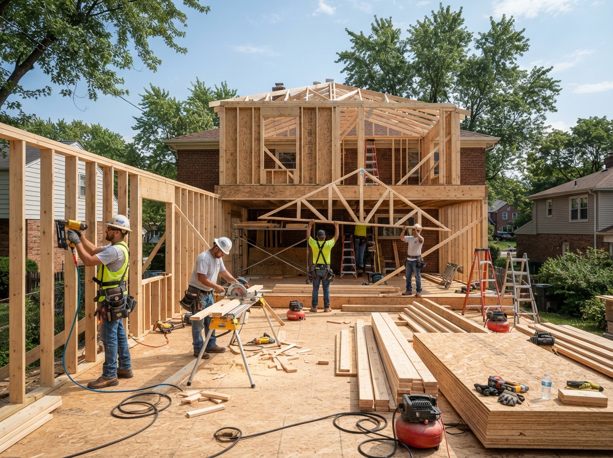 Construction crew framing a new home addition