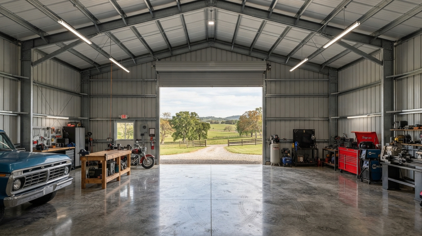 Interior of a finished metal building workshop garage