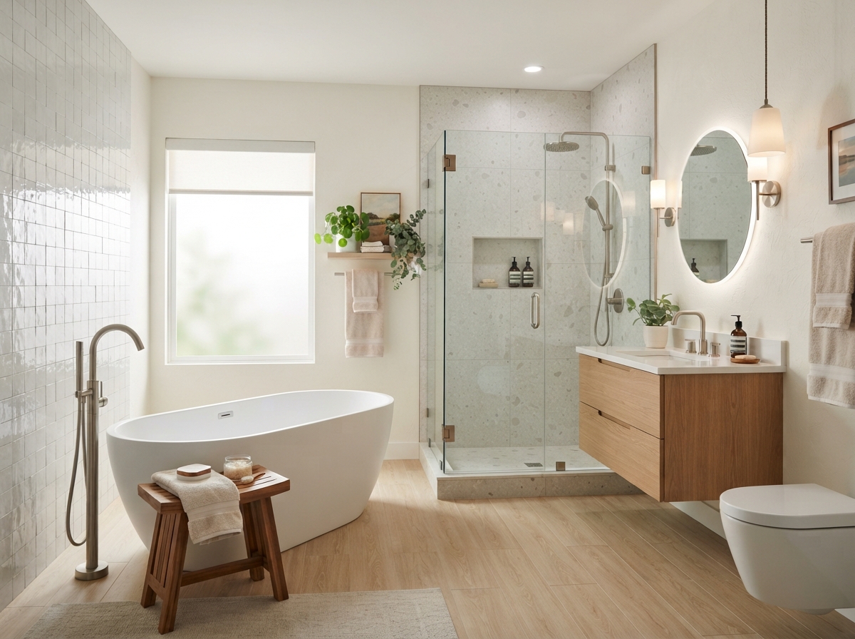 Modern bathroom remodel with freestanding tub and tile shower
