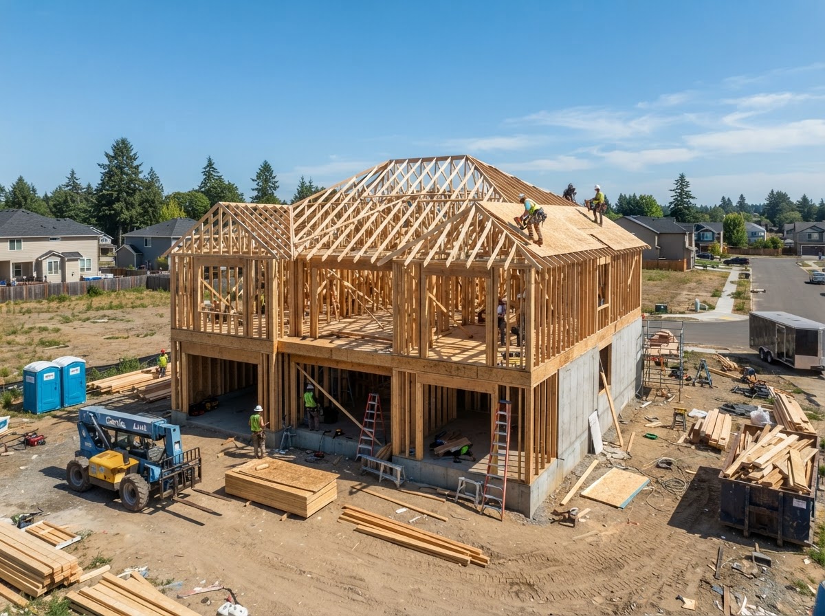 New home under construction with framed walls and roof trusses