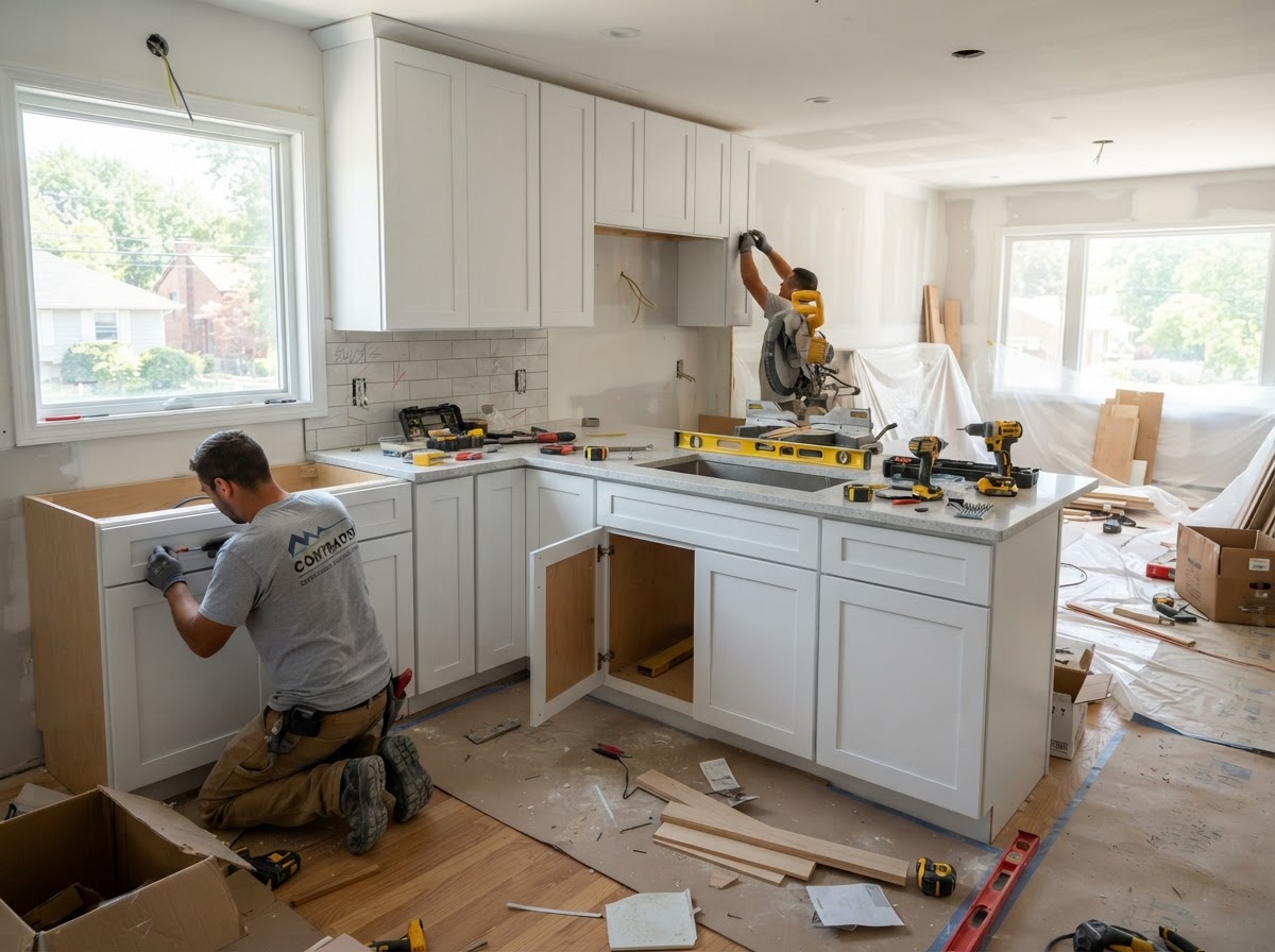 Bright modern kitchen remodeling renovation with new cabinetry
