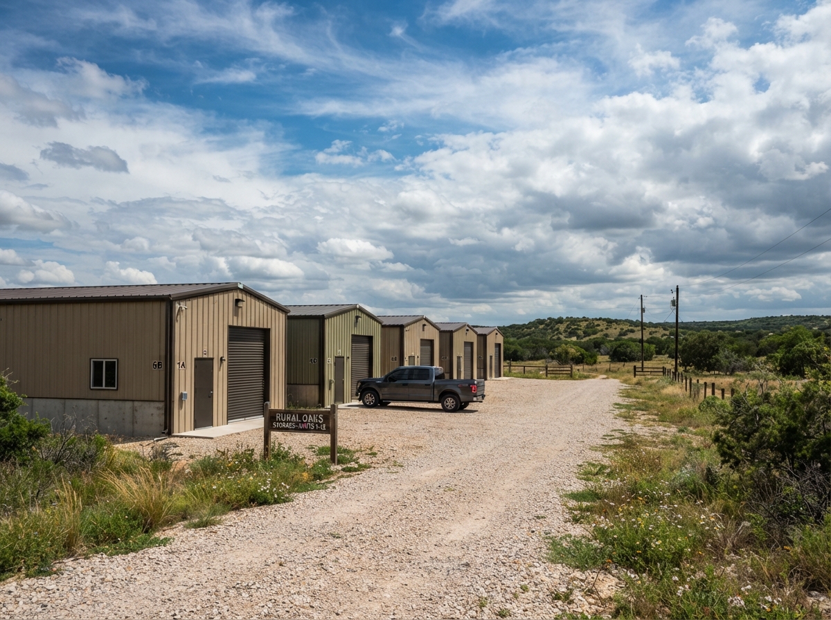 Row of prefabricated metal storage buildings on a rural lot