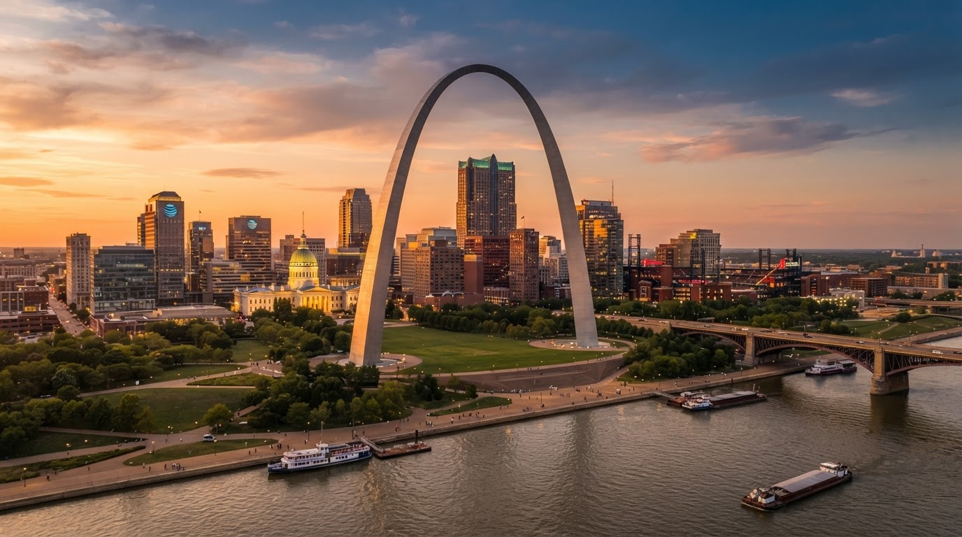 The Gateway Arch and downtown St. Louis skyline at golden hour