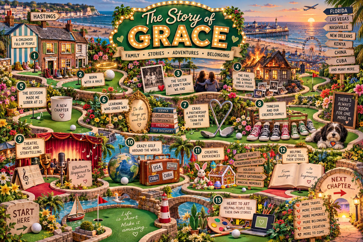 The Story of Grace — personalised crazy-golf course illustration reflecting key life chapters and turning points