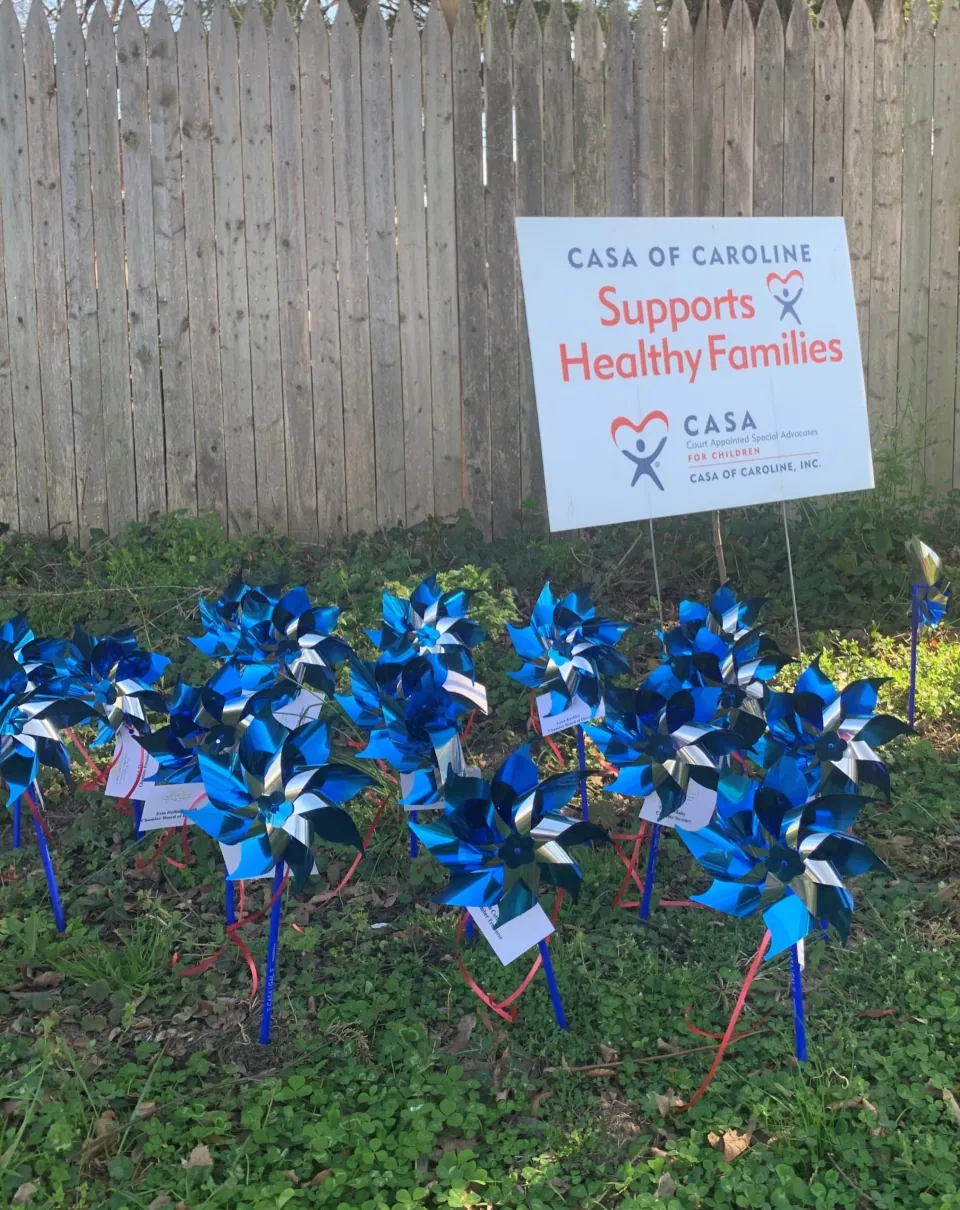 Blue pinwheels displayed beside a CASA of Caroline Supports Healthy Families sign.
