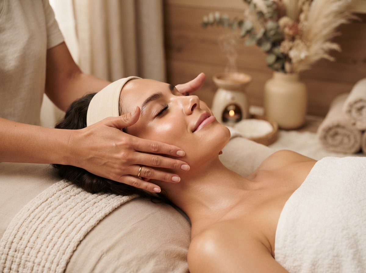 A woman receiving a gentle facial massage in soft warm light