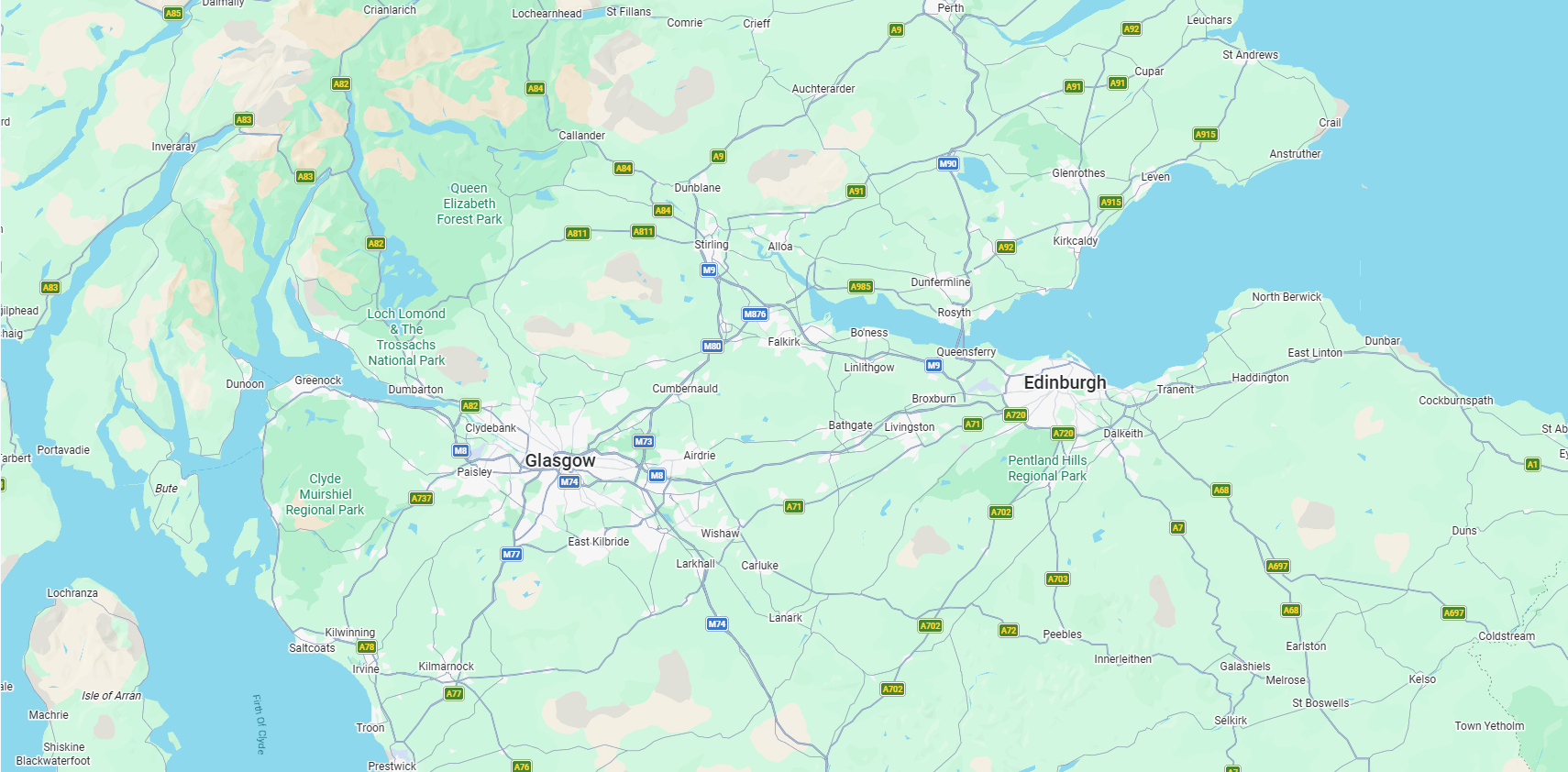 Central Scotland Map showing service area across Glasgow, Edinburgh, Falkirk, Stirling and surrounding regions