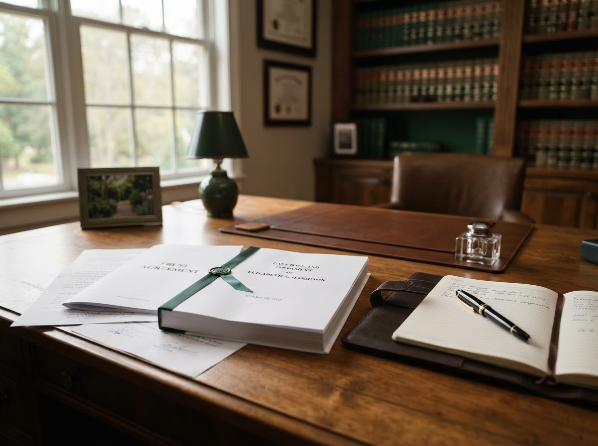 Estate planning documents and a fountain pen on a desk inside the Palmer Estate Law office in South Tulsa, Oklahoma