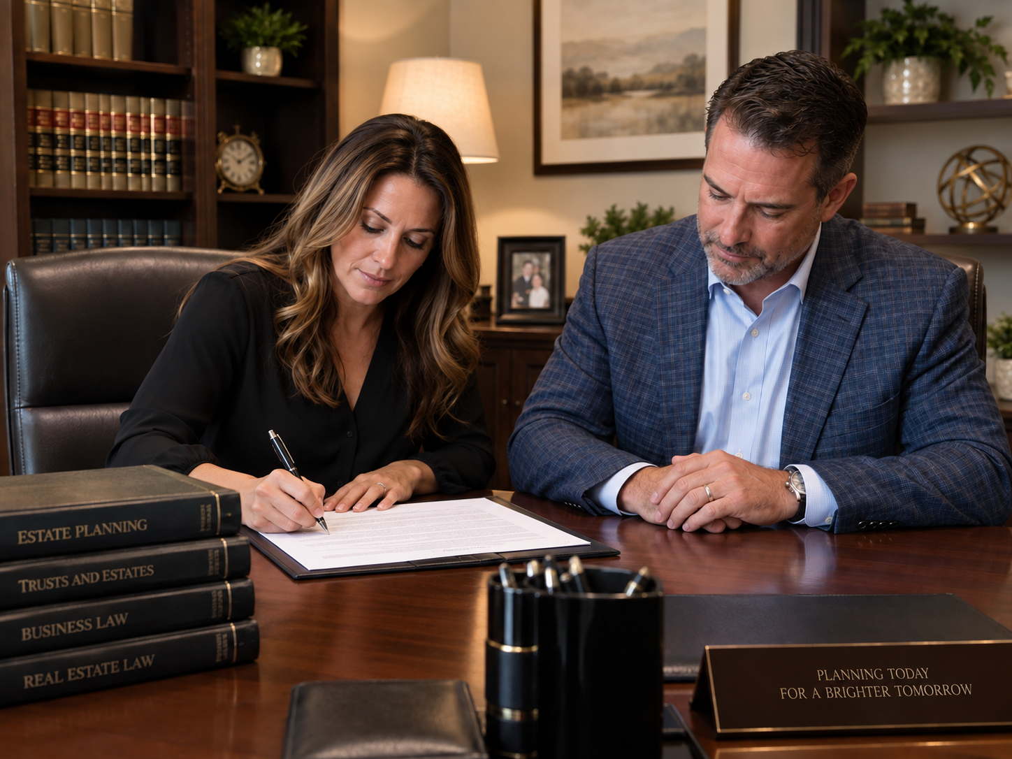 Tulsa clients reviewing and signing their estate planning documents inside the law office