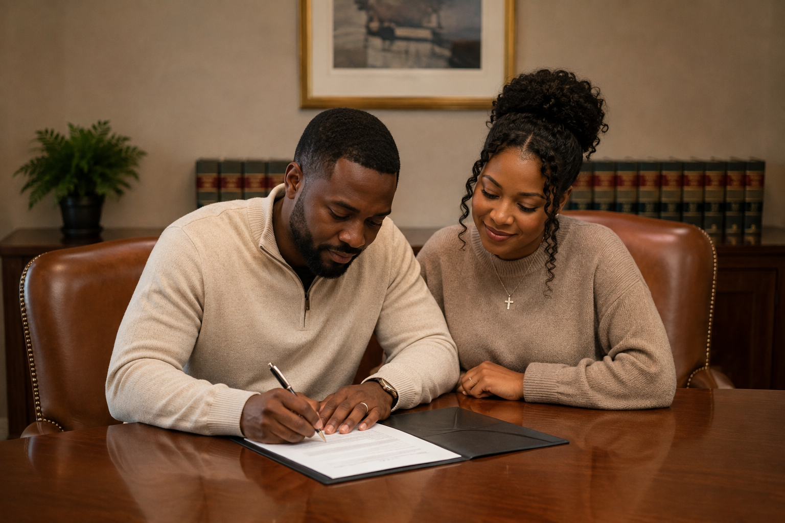 Young Oklahoma couple reviewing and signing estate planning documents with peace of mind