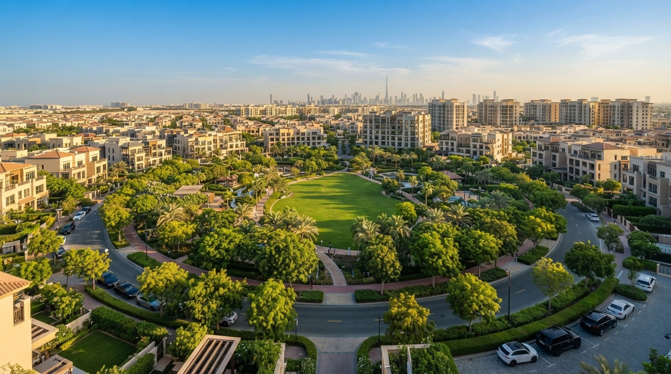 Jumeirah Village Circle residential community with its central circular park and tree-lined streets
