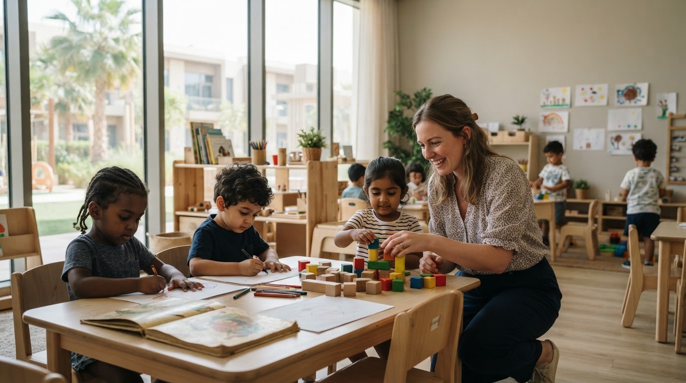Children learning with a teacher in a Dubai nursery classroom