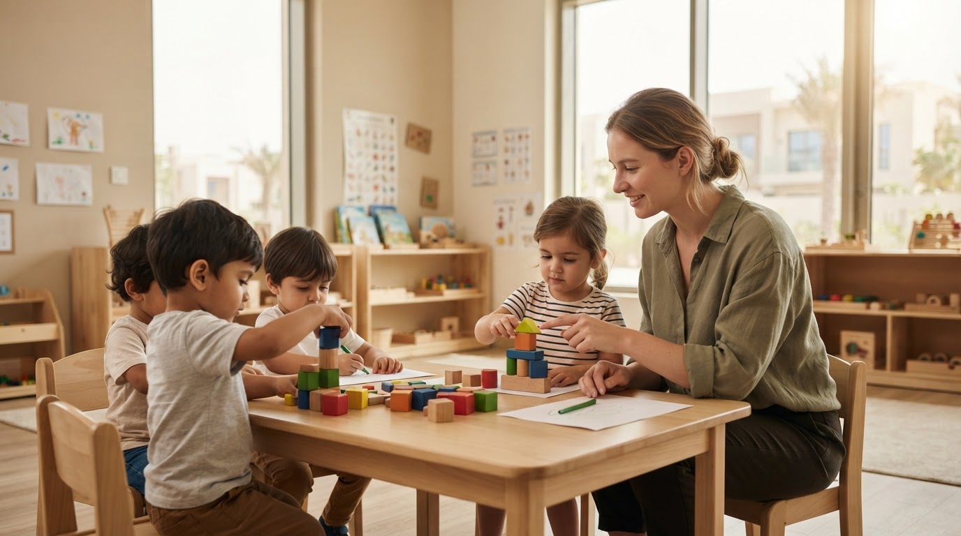 Children learning with a teacher in a British EYFS nursery in Dubai