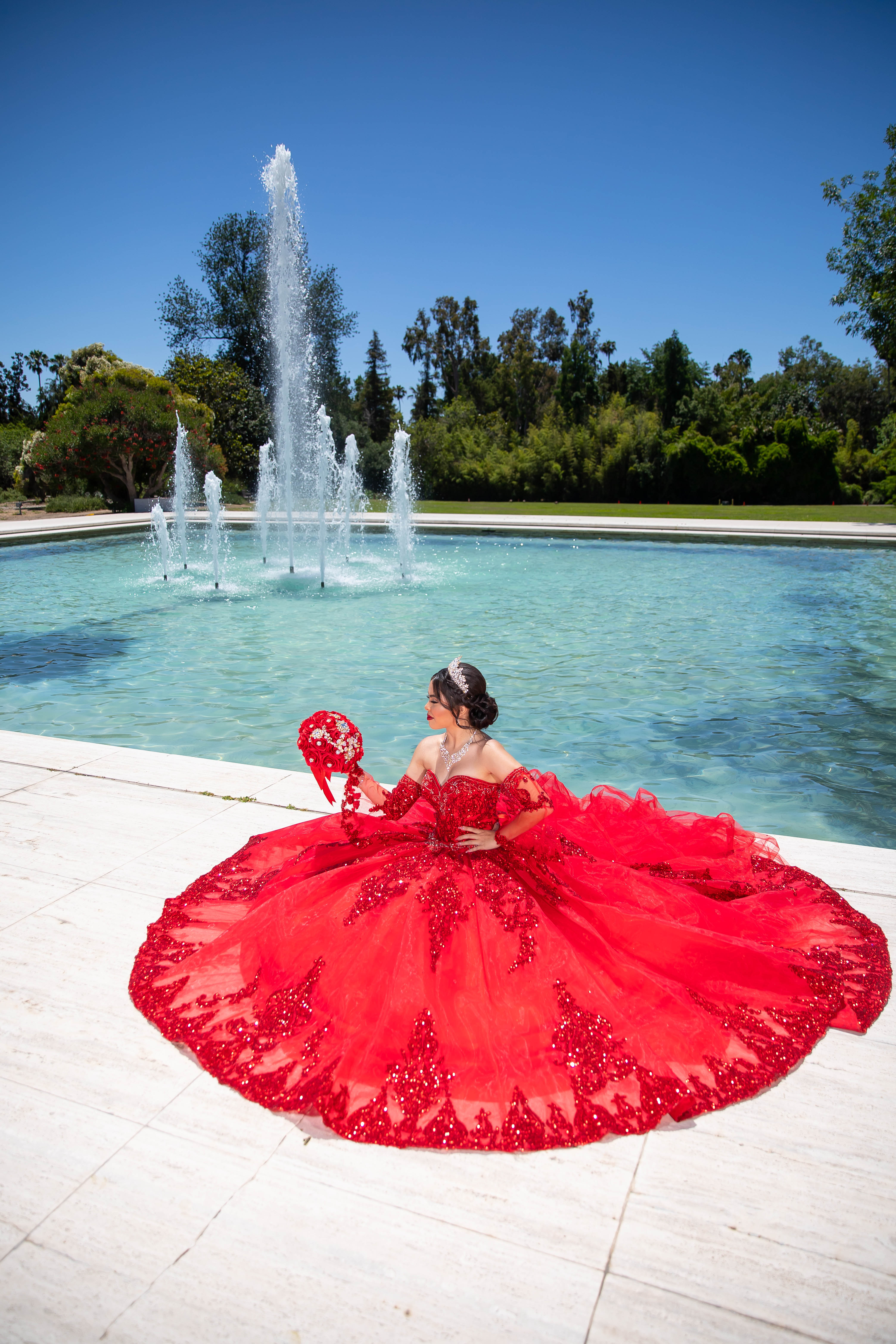 Fountain Courtyard Royal Red Quinceañera Gown