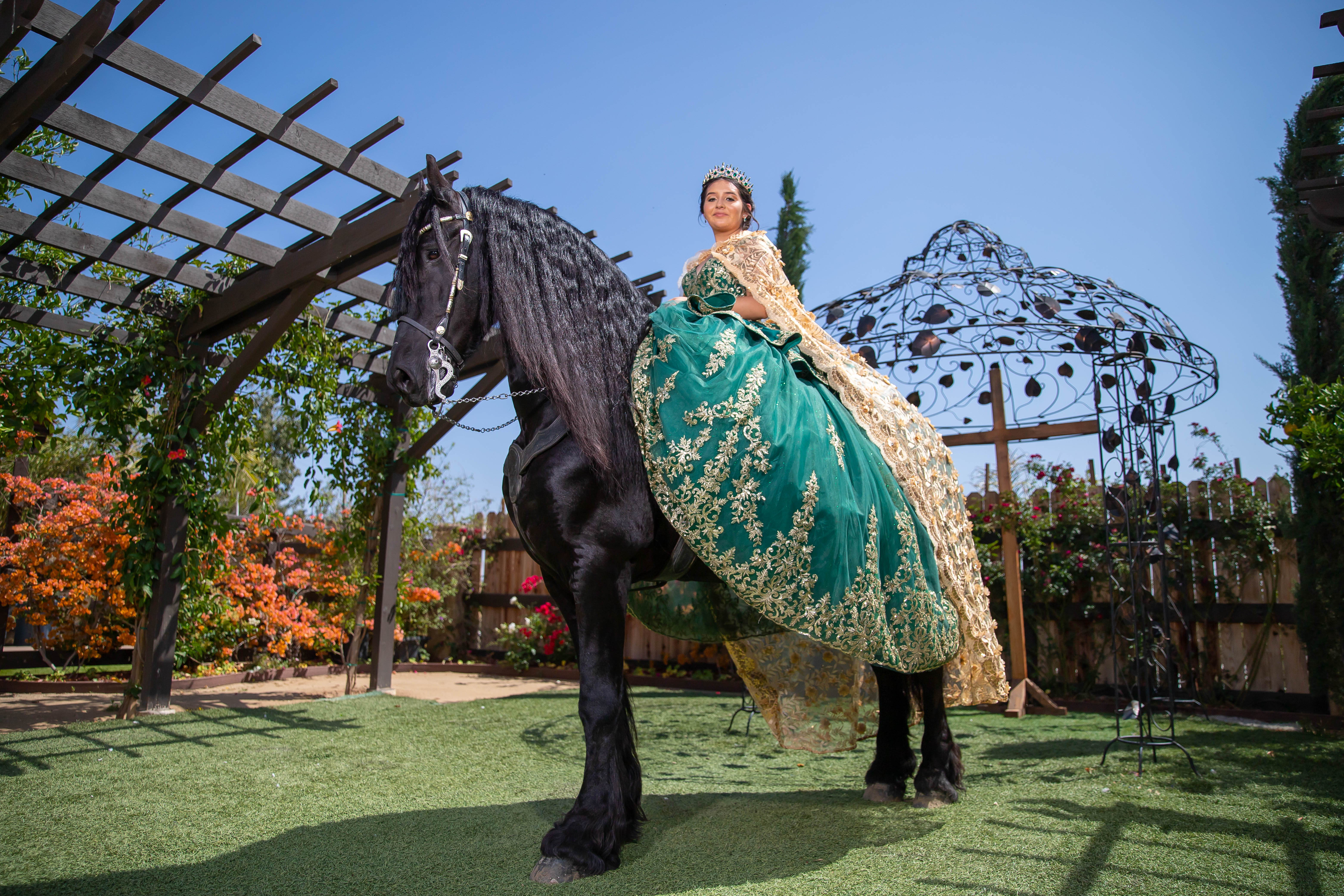 Emerald Ballgown on Horseback Outdoor Celebration