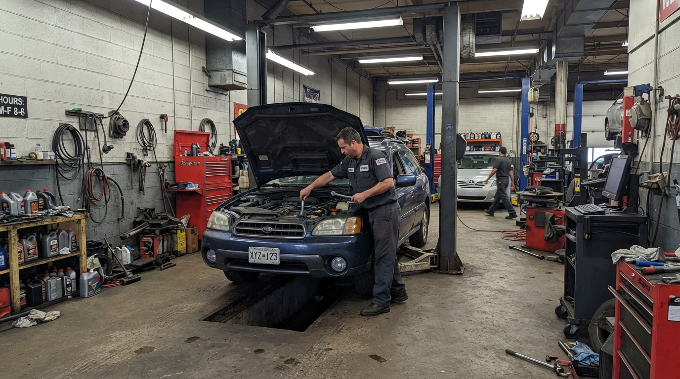 A typical, ordinary snapshot of an automotive repair shop with flat lighting