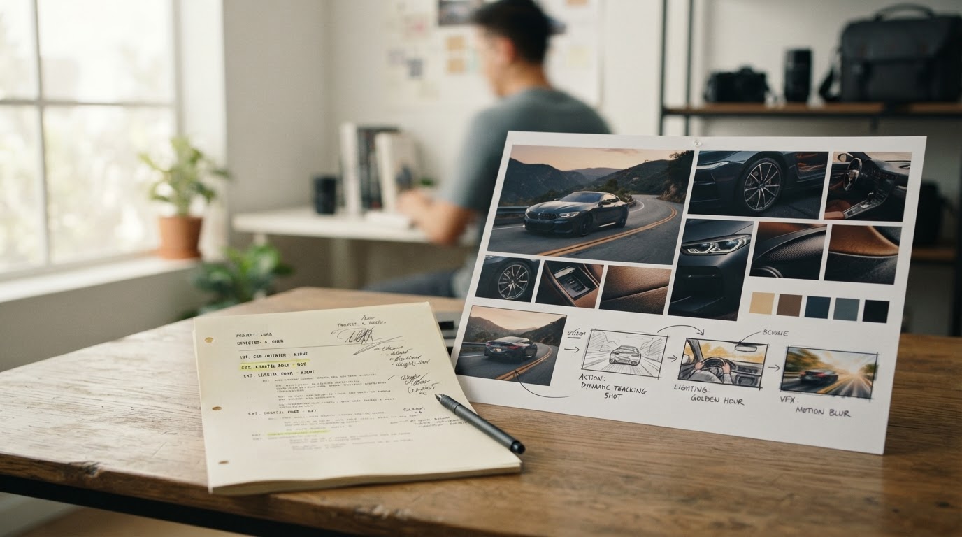 A professional commercial script, mood board, and storyboard on a desk