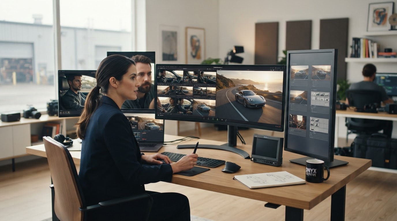 A premium creative production workspace with cinematic automotive scenes on the monitors