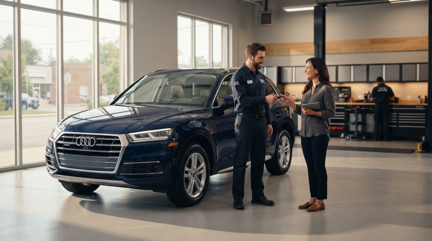 A customer receiving clear help at a clean, well-lit independent auto repair shop