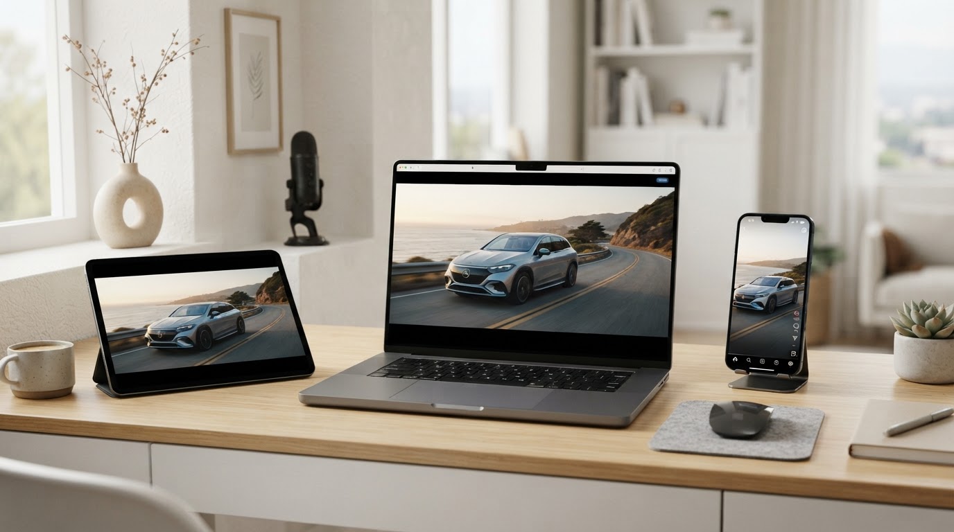 The finished automotive commercial appearing across a laptop, smartphone, and tablet