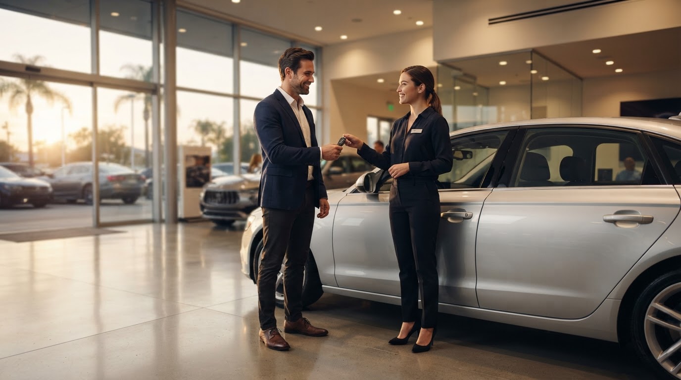 A customer receiving keys to a vehicle at a bright modern auto dealership