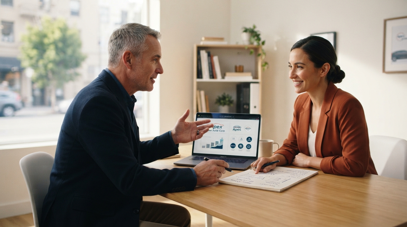 An automotive business owner and creative strategist reviewing the company and campaign direction