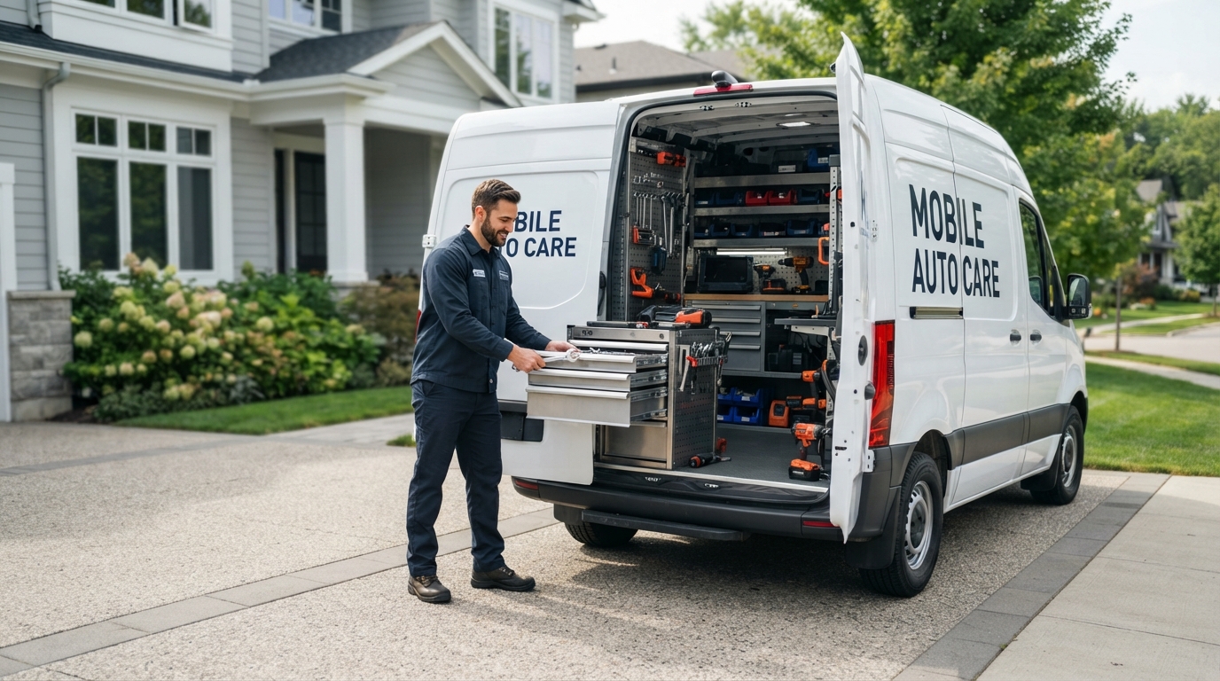 A uniformed mobile mechanic and professional service van helping a customer at home