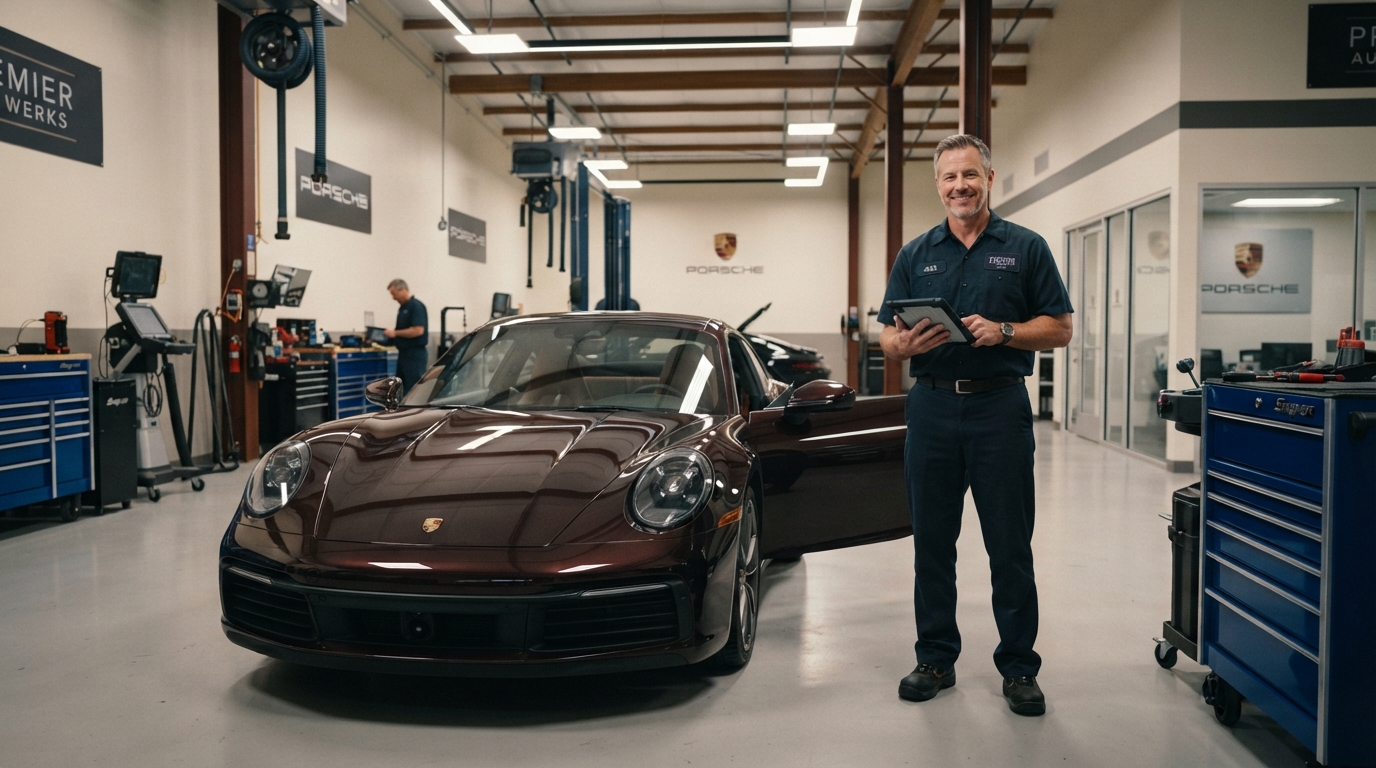 The same repair shop rendered as a cinematic commercial frame with controlled lighting and polished reflections