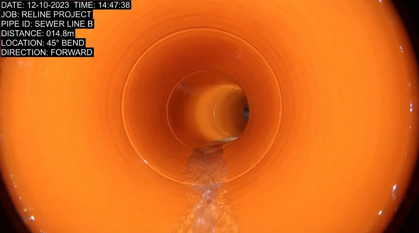 CCTV camera image showing perfectly relined smooth internal pipe