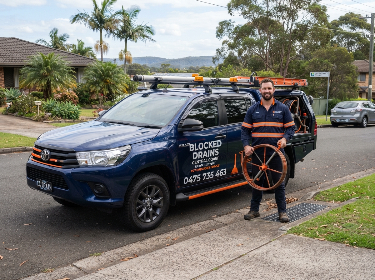 Blocked Drains Central Coast technician arriving at a residential home with branded service ute