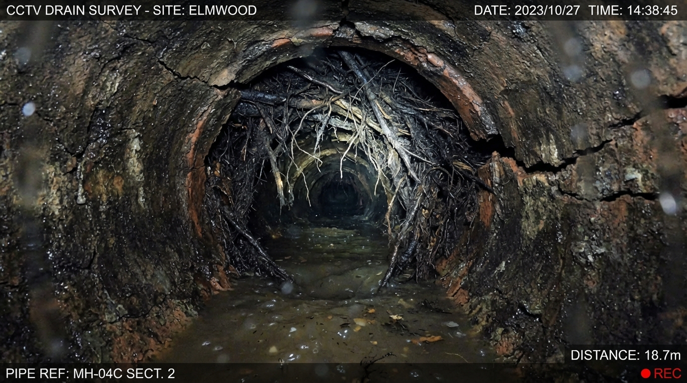 CCTV image showing root infested cracked drain before relining