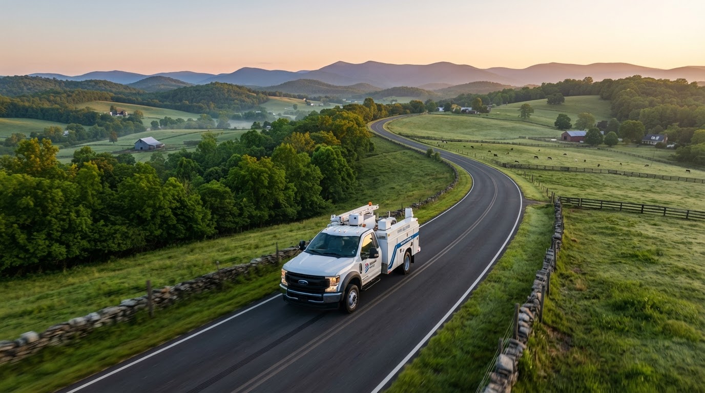Wingo Services service truck traveling through scenic Virginia countryside