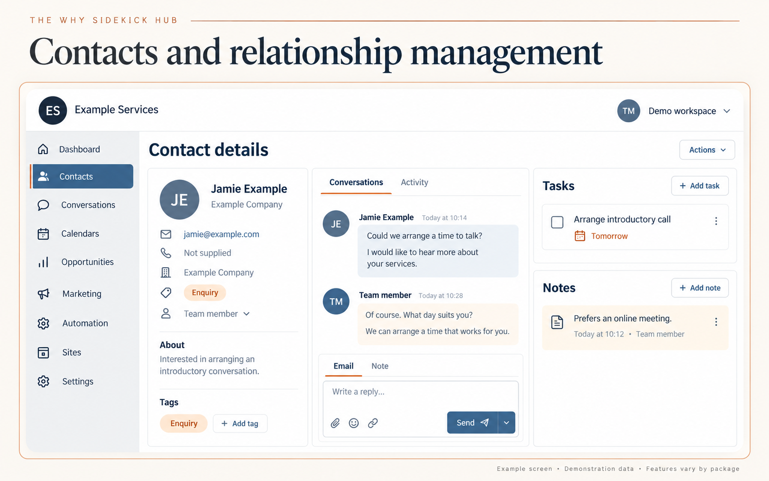 Example contacts and relationship management screen
