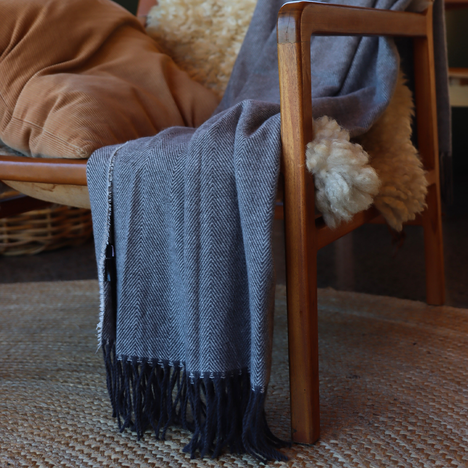 Keepsake Throw Blanket in a soft herringbone weave with fringing