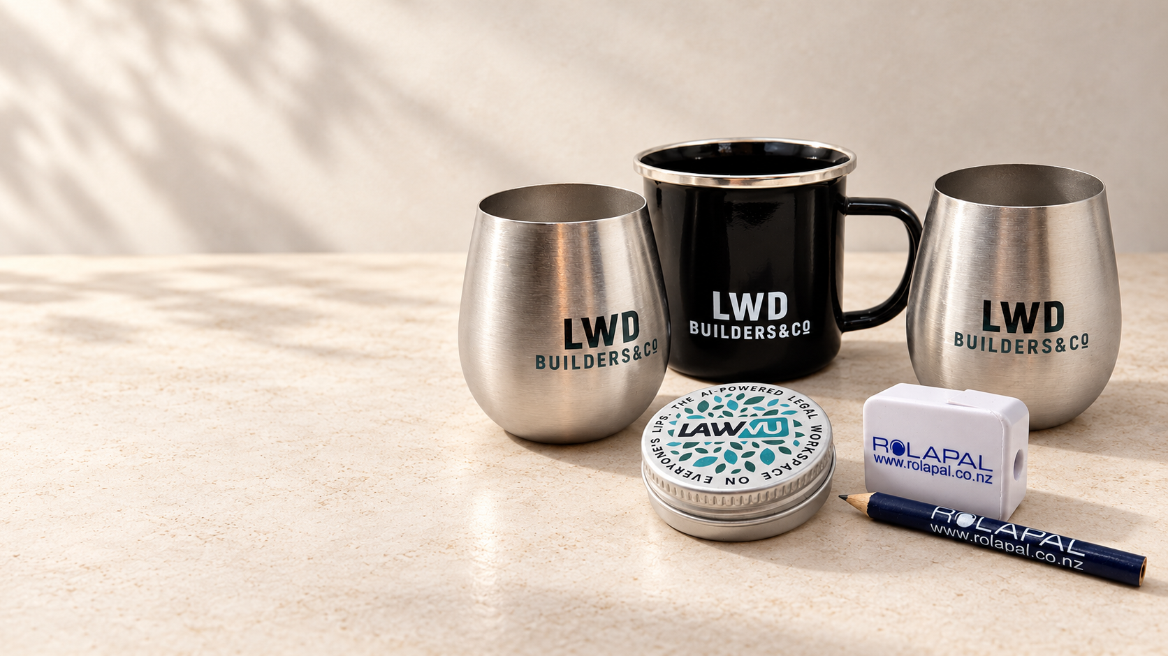 Real branded promotional merchandise by The Why including engraved stainless tumblers, enamel mug, tin and stationery