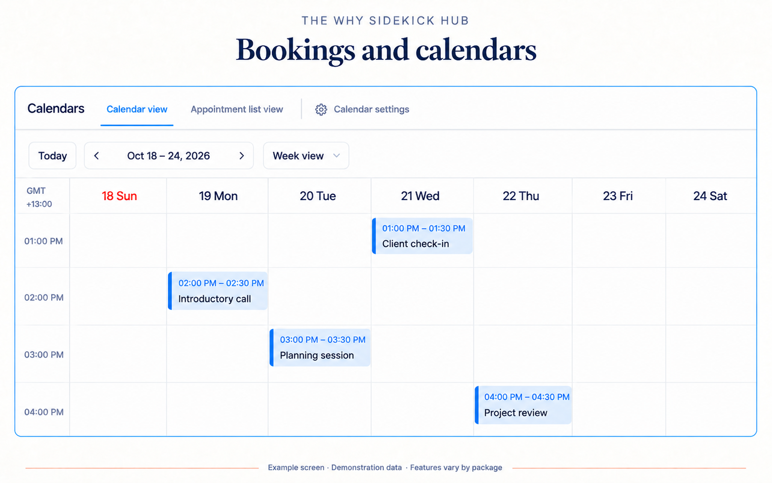 Example bookings and calendars screen