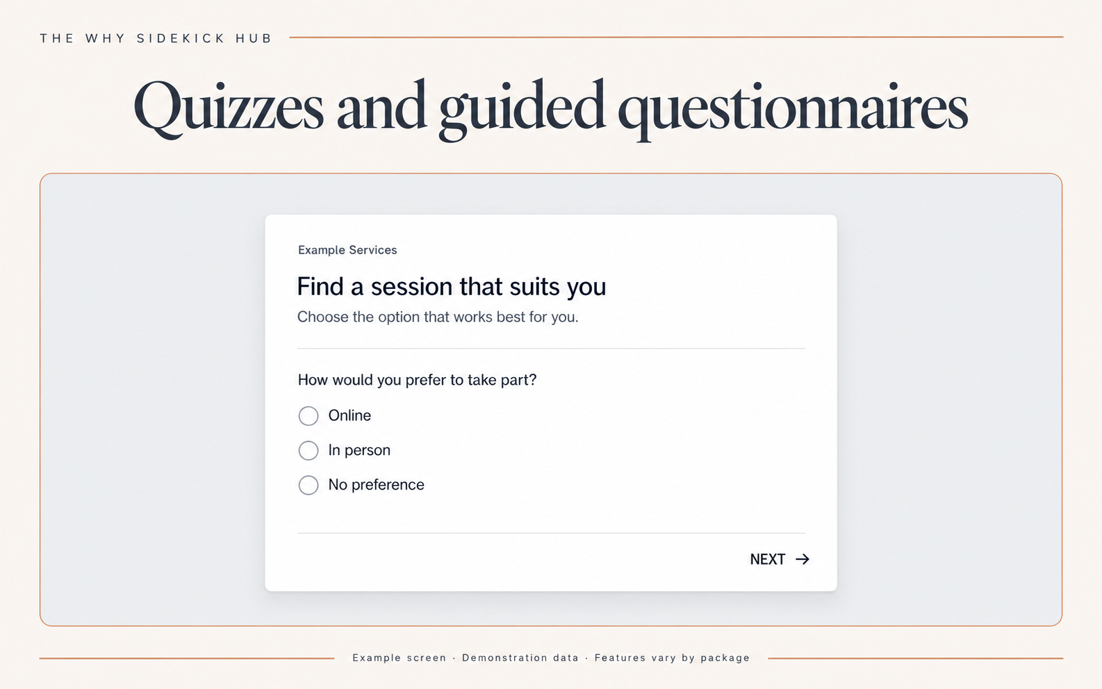 Example quizzes and guided questionnaires screen